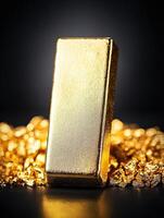 A glimmering gold bar surrounded by shiny gold nuggets, symbolizing wealth and investment in precious metals. photo
