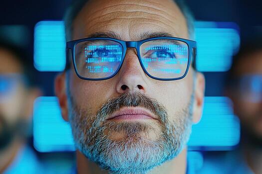A focused man wearing glasses with a thoughtful expression, immersed in technology and innovation in a modern workspace. photo