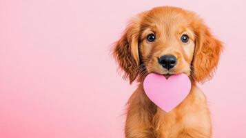 Adorable golden retriever puppy holding a pink heart against a vibrant pink background, perfect for love and pet-themed projects. photo