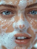 A close-up of a young woman's face covered in cleansing foam, showcasing her radiant skin and bright blue eyes. photo
