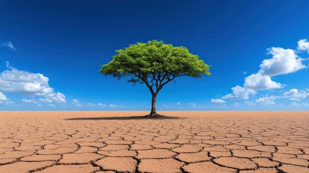 A solitary tree stands resilient on cracked earth against a bright blue sky, symbolizing endurance in a changing environment. photo