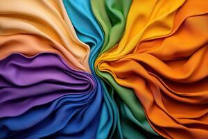 A vibrant swirl of multi-colored fabric showcasing a variety of textures and hues, ideal for design and artistic projects. photo