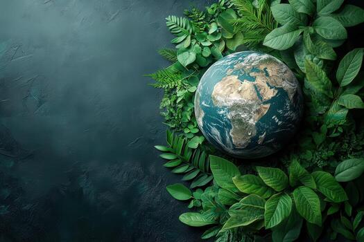 A vivid depiction of Earth surrounded by lush greenery, symbolizing the harmony between nature and our planet's ecosystems. photo
