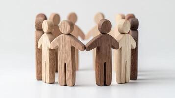 Wooden figures standing together, symbolizing unity and teamwork. Perfect representation of collaboration and community spirit. photo