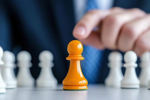 A close-up of a businessperson's hand making a strategic move with an orange pawn on a chessboard, symbolizing decision-making. photo