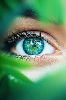 A close-up of a human eye surrounded by vibrant green leaves, reflecting nature and tranquility, showcasing connection to the environment. photo