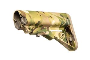 An adjustable camouflage rifle stock with a polymer build, ergonomic military-style design, shown in close-up on a white background. photo