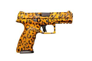 A handgun with a distinctive orange and black leopard print design, isolated on a white background. photo