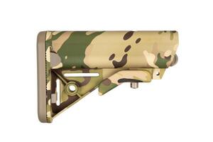 A polymer camouflage rifle stock with an ergonomic and adjustable military-style design, featured in a close-up, isolated on a white backdrop. photo