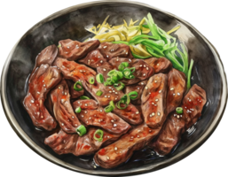 A painting of beef and green onions in a bowl png