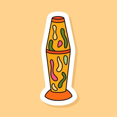 Retro Lava Lamp sticker isolated on yellow background. 70s style cartoon icon white contour