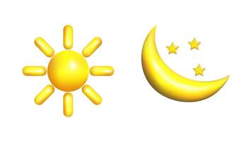 Weather 3d icons realistic isolated set. Day and Night. Sun moon. Clear and cloudy. Design weather app web site game logo banner. Meteorology concept. vector