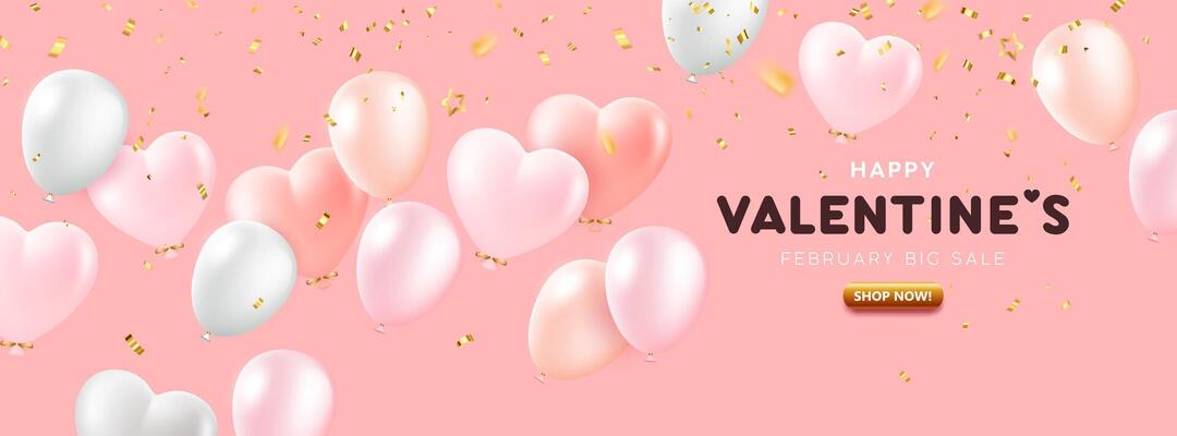 Valentines day sale, colorful heart shaped balloons banner design on pink background