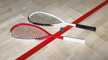 Sports, above and racket on squash court for competition, challenge and training center. Exercise, interior and empty room with top view of wooden floor of gymnasium for games, fitness club and gear photo