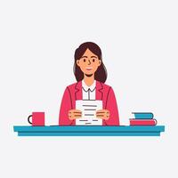 A smiling woman sits at a desk happily reviewing a document vector