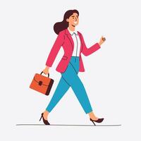 A confident businesswoman strides forward briefcase in hand with a cheerful expression vector