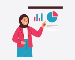 A confident businesswoman presents key data insights using charts and graphs vector
