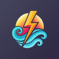 Bright lightning bolt over vibrant waves in a colorful sunset background vector