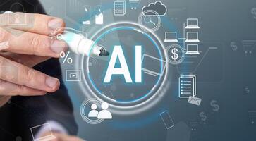 Chatbot Chat with AI, Artificial Intelligence. man using technology smart robot AI, artificial intelligence by enter command prompt for generates something, Futuristic technology transformation. photo