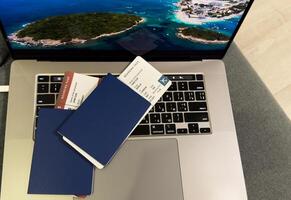 Passport, boarding pass, credit card and tourist map . Travelling, tourism concept. High quality photo