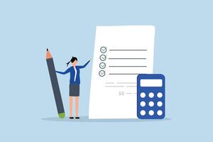 Project cost estimation, businesswoman with calculator estimate cost from project document vector
