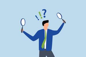 Observation, Inquisitive entrepreneur with a magnifying glass examines information featuring a question mark vector