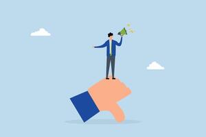 Discredit, ineffective entrepreneur using loudspeaker to disparage and accuse others while displaying thumbs down gesture vector