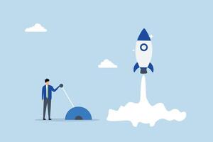Start your own business, driven entrepreneur businessman activates lever to send rocket into the air vector