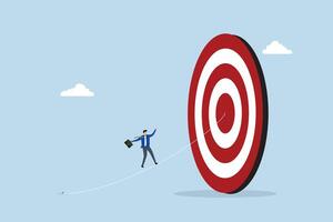 Set goal and take action to achieve goal or target, businessman walking on the line aiming at target bullseye vector