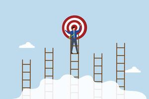 Ladder of success to reach goal or target, businessman climb up the right ladder to reach goal vector