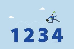 Step by step guide to success, smart businessman jumping on guideline number from 1 to 4 vector