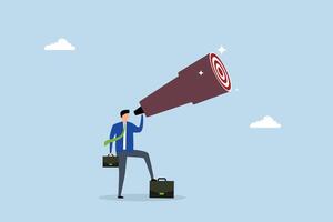 Search for business target, businessman look through telescope to find target or goal vector