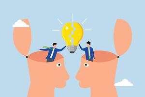 Understanding lead to success, businessmen partner open their head to connect lightbulb jigsaw vector