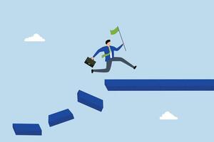 Survive and success in crisis, businessman jumping on collapse bridge to reach target vector