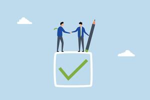 Commitment, businessman handshake on tick completed checkbox vector