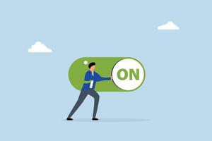 Turn on switch, smart businessman push setting button switch to on position vector