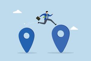 Business relocation, entrepreneur business owner leaping from one map marker to another as a metaphor for moving vector