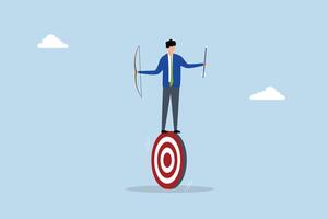 Purpose driven, determined entrepreneur practicing archery with bow and arrow aiming at the target vector
