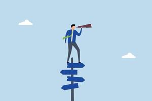 Search for right direction, clever entrepreneur examines through telescope or binoculars to find solution vector