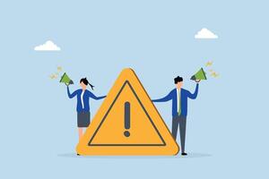 Important announcement, business individuals declare using a megaphone with an attention exclamation point vector