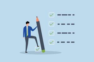 Getting things done, businessman expert holding pencil tick all completed task checkbox vector