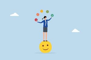Emotional intelligence, Joyful woman maintains beaming look while balancing emotional expressions in juggling act vector