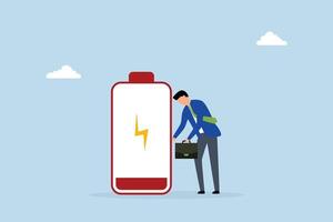 Exhausted and fatigue from hard work, weary and exhausted entrepreneur poses with a low battery indicator vector