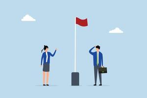 Red flag warning to be careful for business, considerate businessman and businesswoman observe red flag alert vector