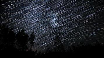 Streaks of light from stars illuminate the dark night sky, creating a mesmerizing effect above a forested area, showcasing nature's beauty and the vast cosmos. video
