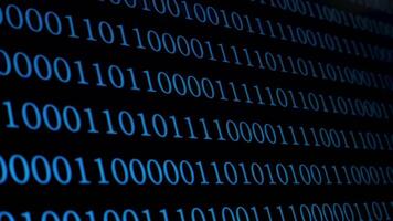 Blue binary code streams vertically across a dark surface, representing data in a digital format commonly used in computing and information technology. video