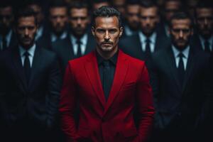 Man in red suit stands in front of a group of people dressed in black photo