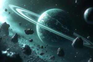 Ringed planet with asteroids in deep space photo