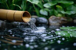 Bamboo water fountain flowing into pond with ripples photo