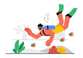Sea Adventure Illustration of a Diver Exploring Coral Reefs and Fish in a Flat Background vector